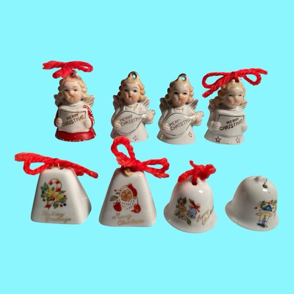 Vtg Set Of 8 Christmas Bells And Angel Bells Hanging Ornaments Japan Miniature - Picture 2 of 10